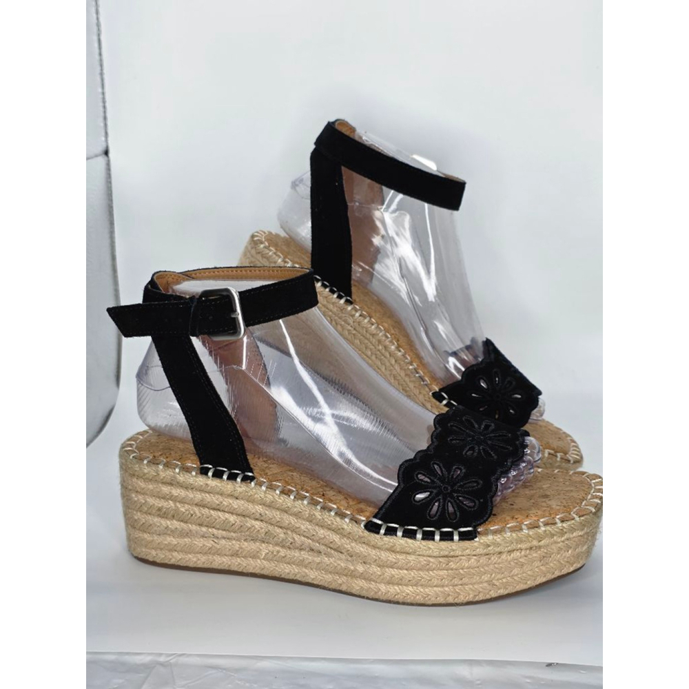 Crown Vintage Black Beige Espadrille Wedge Sandals Women’s Size 8M - Picture 3 of 6